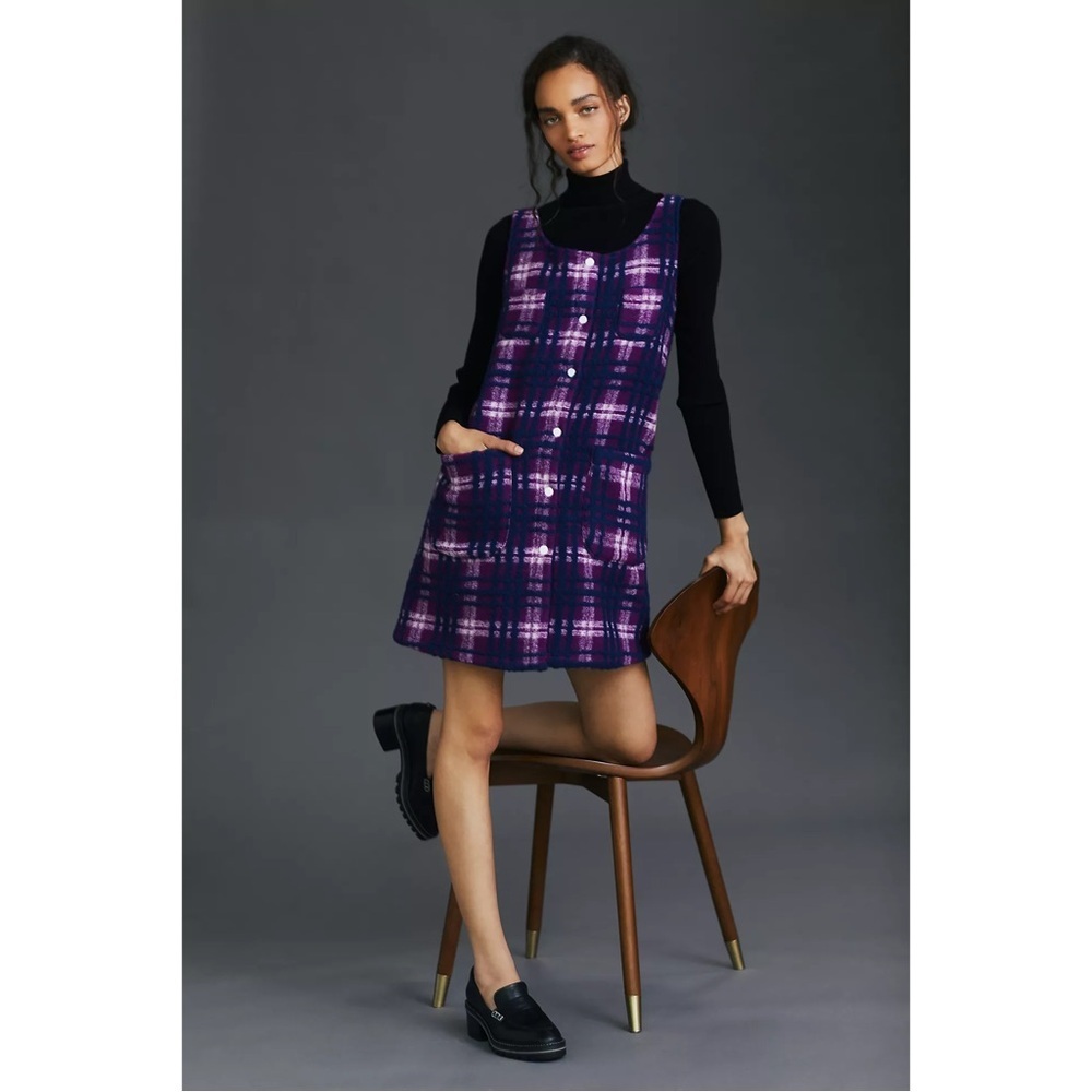 NWT Anthropologie Carleen Purple Plaid Wool Blend Mini Dress